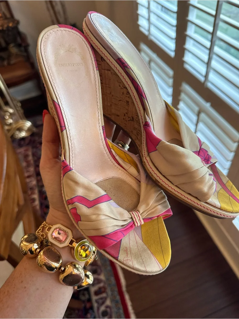 Emilio Pucci Pink and Yellow Knot Slide Wedges